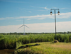 lampadaire et éolienne en premier plan avec de nombreuses autres éoliennes en fond de paysage - Agrandir l'image, .JPG 824,2 Ko (fenêtre modale)
