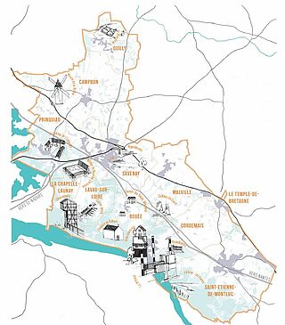 carte du territoire incluant le nom des 11 communes et les sites remarquables : le centre-bourg et l'observatoire à Lavau sur Loire, le chateau de l'Escuraye à Prinquiau, le moulin de la bicane à Campbon, le plan d'eau de Quilly, l'hippodrome et le lac à Savenay, la chapelle de Rohars à Bouée, la villa cheminée, la centrale et l'hippodrome de Cordemais, la loire et ses marais à Saint Etienne de Montluc, le chateau du Goust à Malville, le sentier des belles demeures à Bouée - Agrandir l'image, .JPG 107 Ko (fenêtre modale)