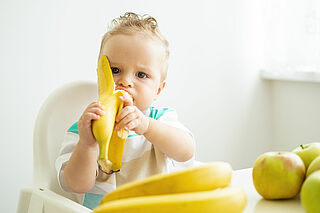 funny baby boy sitting at the table in child chair eating banana on white kitchen. Agrandir l'image, .JPG 141 Ko (fenêtre modale)